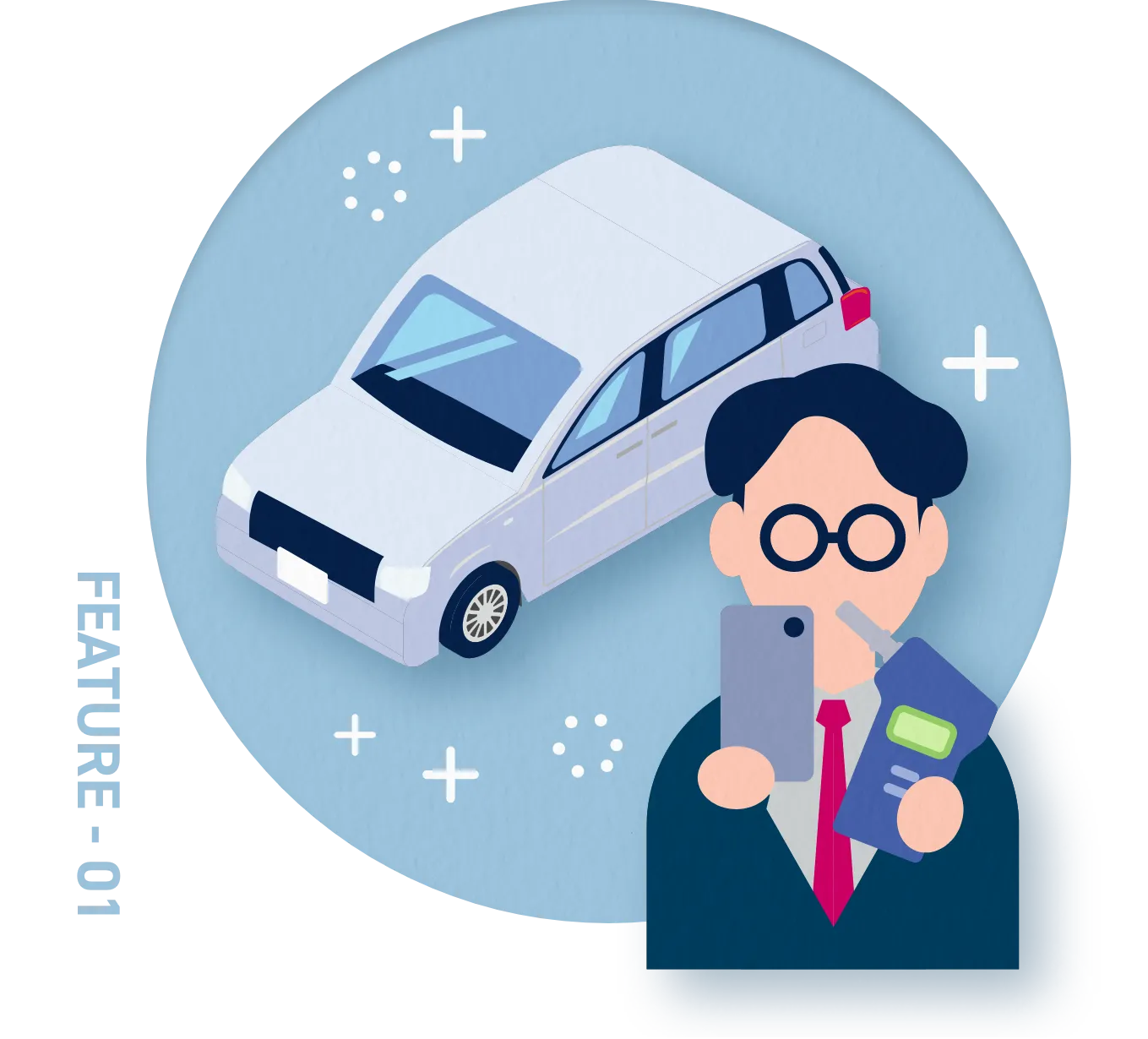 車の前でアルコール検知器を使用する人のイラスト